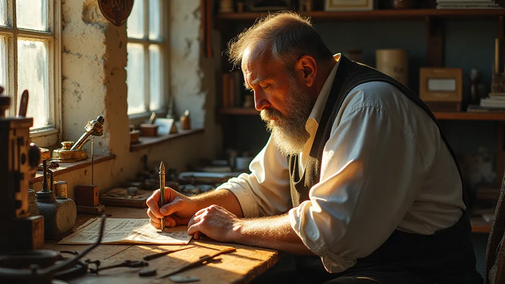 Vintage nib maker at work in a workshop.