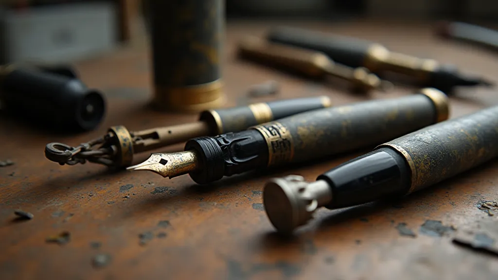 Disassembled vintage fountain pen showing internal parts