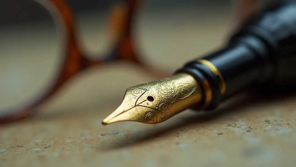 Detailed view of a vintage fountain pen nib with eyeglasses